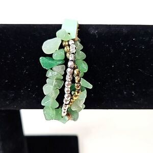 Green Leather & Stone Stretch Bracelet